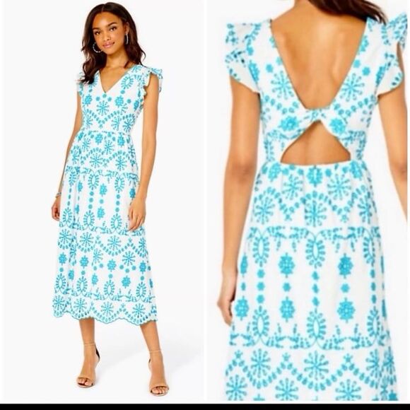 Lilly Pulitzer Dresses & Skirts - Lilly Pulitzer size 10 Lillyanne Eyelet MIDI Dress blue and white embroidered